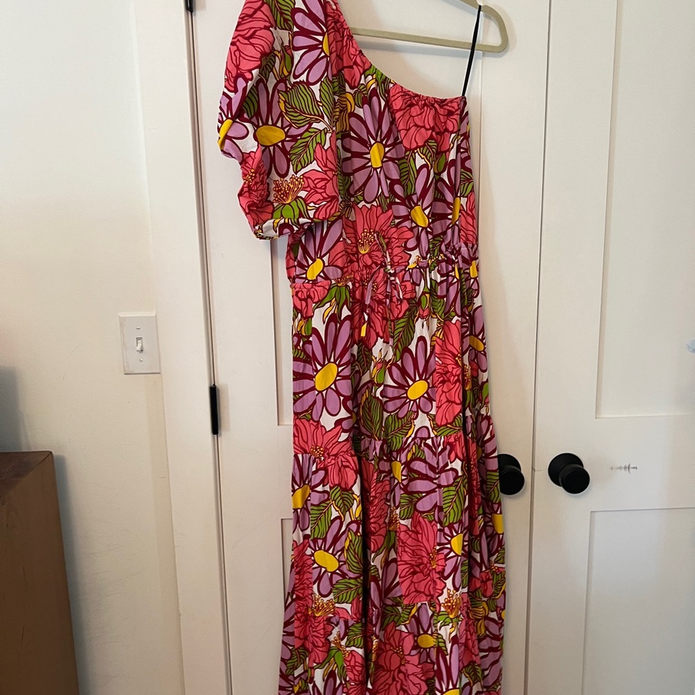 Floral One Shoulder Dress - Pink and Green